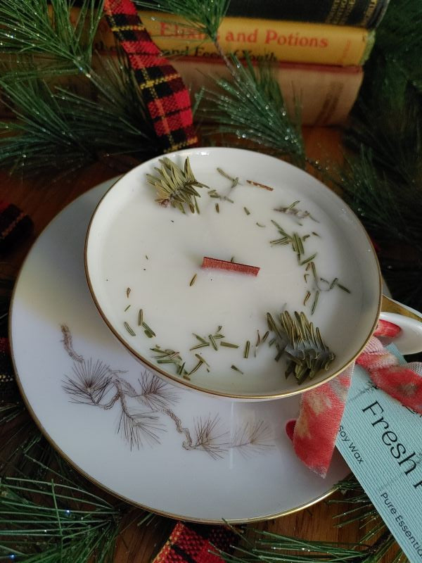 Candle with natural elements on a decorative plate surrounded by greenery and books.