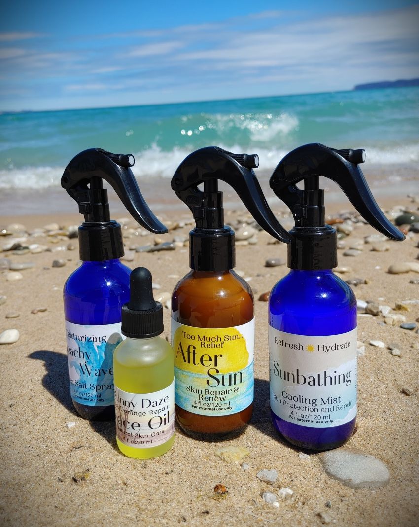 summer sun care collection for skin and hair the wynter rose summer face oil beachy waves sea salt spray sunny daze face oil after sun skin mist sunbathing peppermint cooling mist