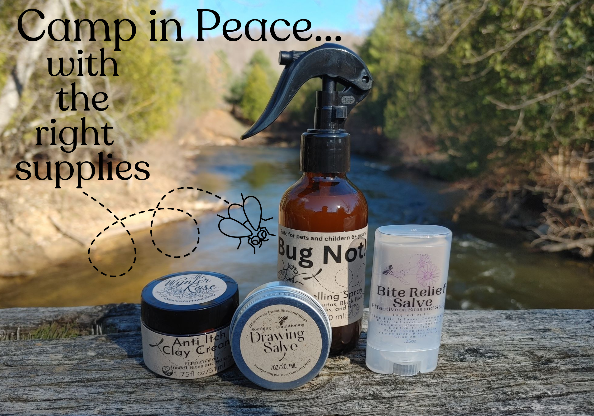 Outdoor setting with camping supplies including a bottle labeled 'Bug Not' and jars on a wooden surface.