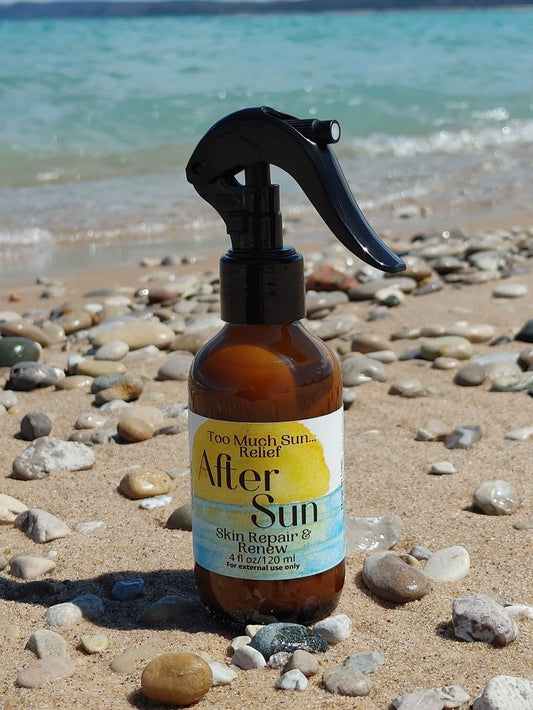 after sun skin hydrating body spray sunburn plant based skin relief michigan sandy beach with stone and fresh water on sleeping bear dunes beach glen haven michigan