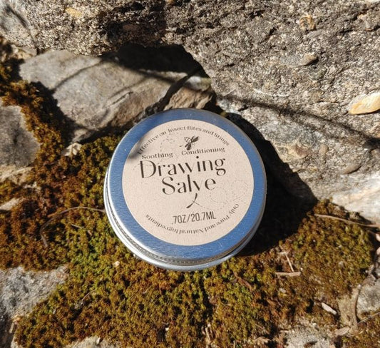 skin soothing drawing salve for bug bites and stings on grass in the woods