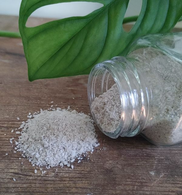 bentine clay boss lady bath soak in a Clear glass jar with sprinkled salt on a wooden surface, with green leaves in the background.