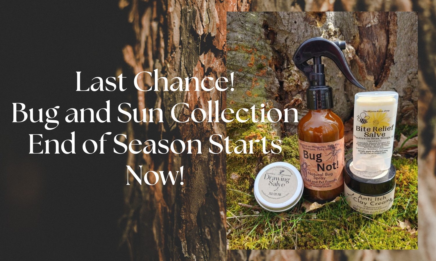 Collection of natural skincare products on a wooden background with promotional text.