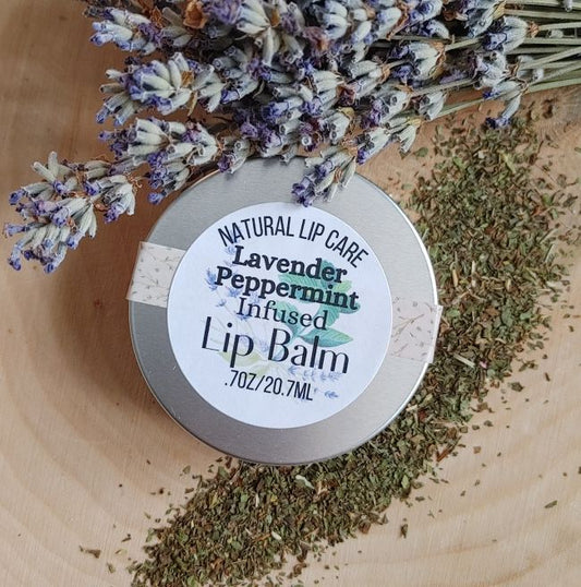 lavender peppermint infused lip balm all natural lip care in tin on wooden surface