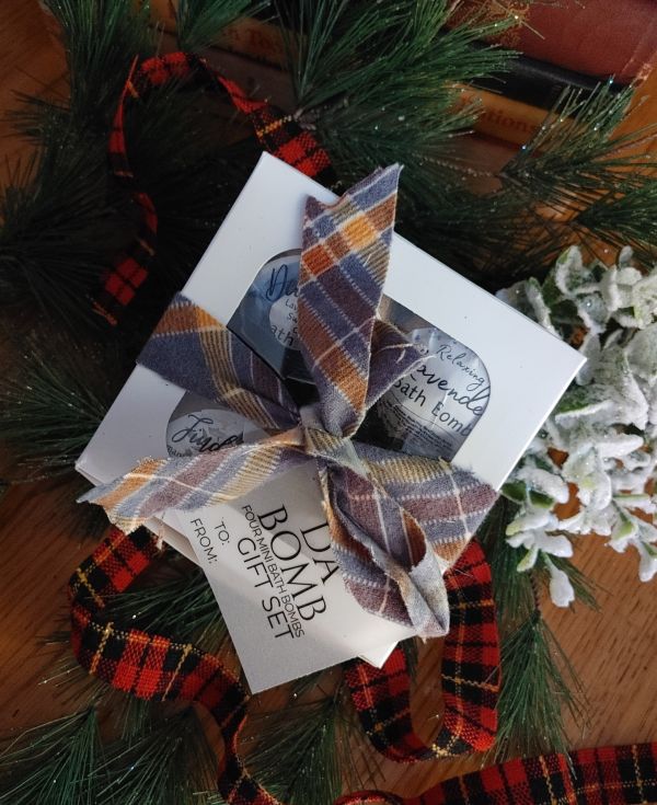 Plant based bath bomb Gift set with plaid ribbon on a Christmas tree