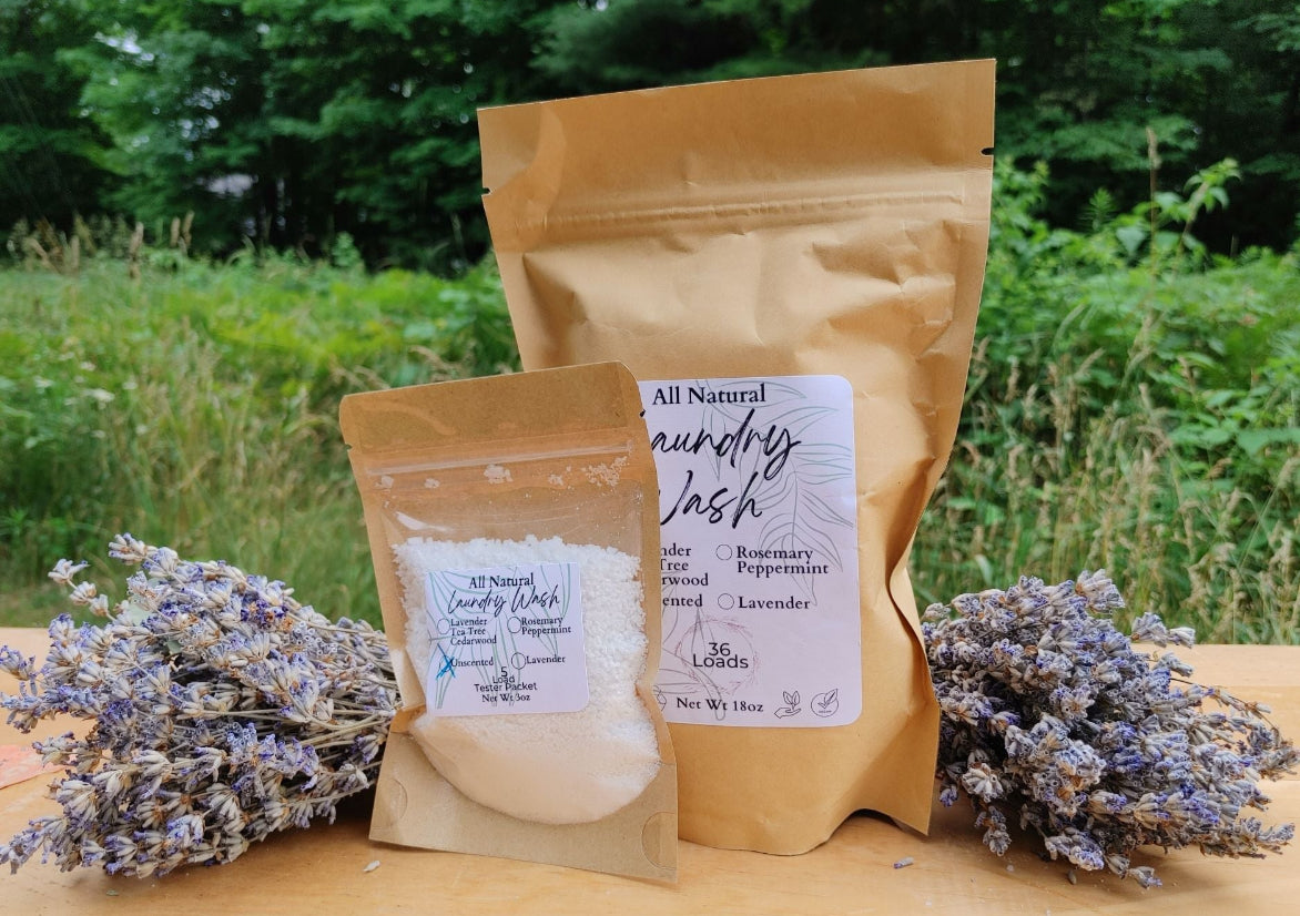 bagged natural Laundry Wash powder with lavender buds on a wooden ironing board