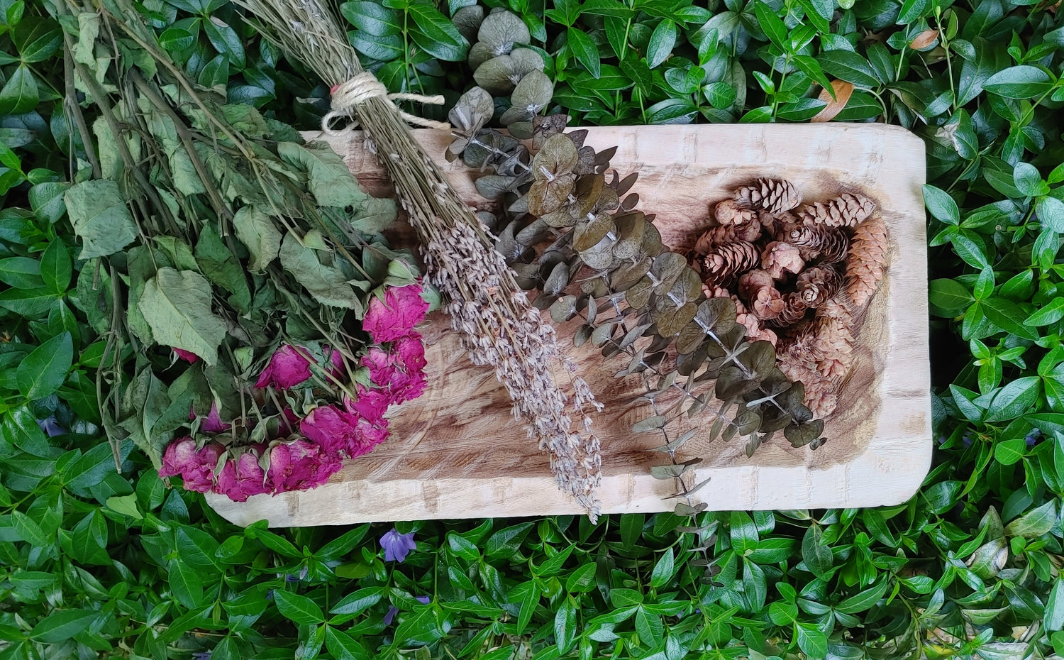 greenry flowers pinecones and eucalyptus laying in a wooden bowl plant based home and body care products the wynter rose