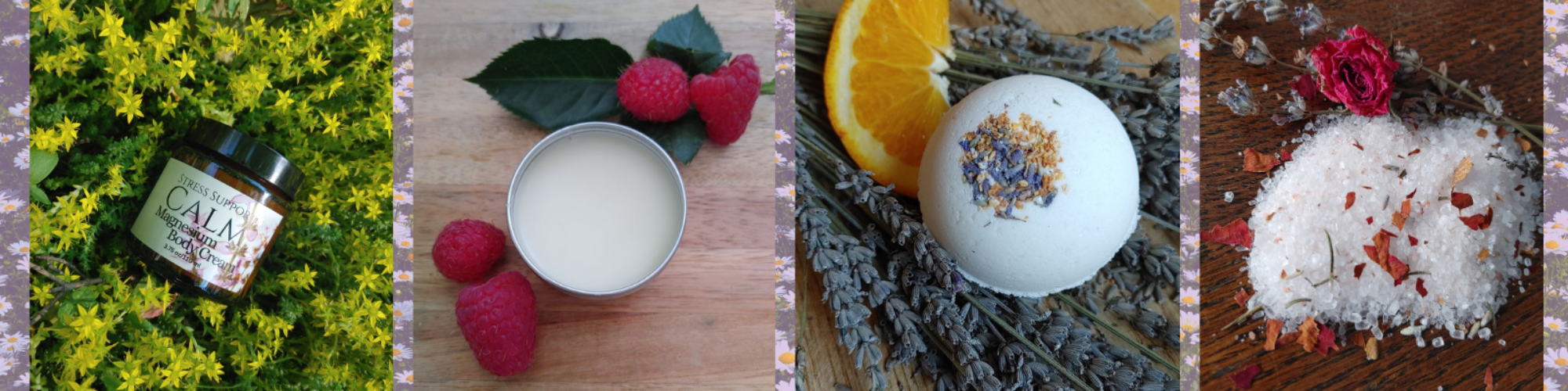 A four-panel collage showing spa product ingredients and containers: a small jar surrounded by yellow flowers, a tin of cream with raspberries and leaves, a white bath bomb with dried lavender and orange slices, and a pile of white exfoliating scrub with red flakes and a rose on a wooden surface.