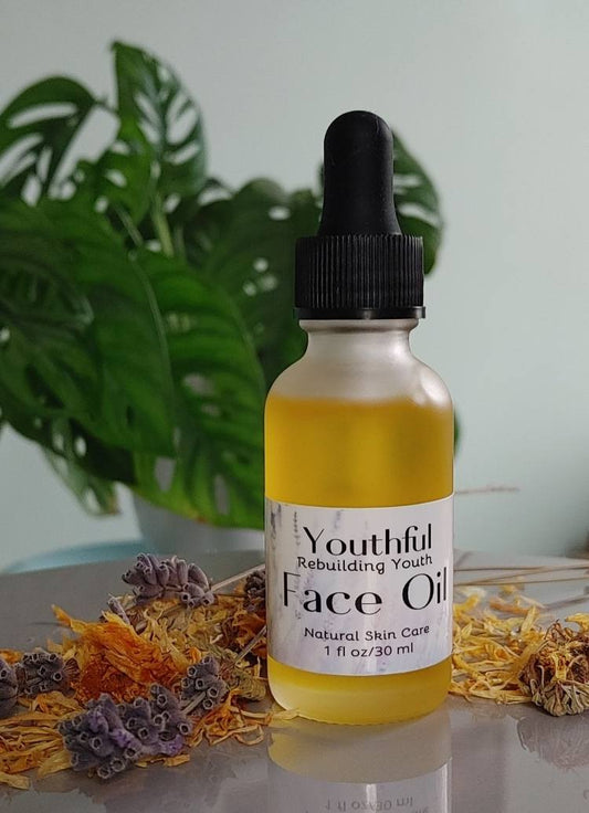 Bottle of Youthful Face Oil with a dropper on a surface with plants in the background